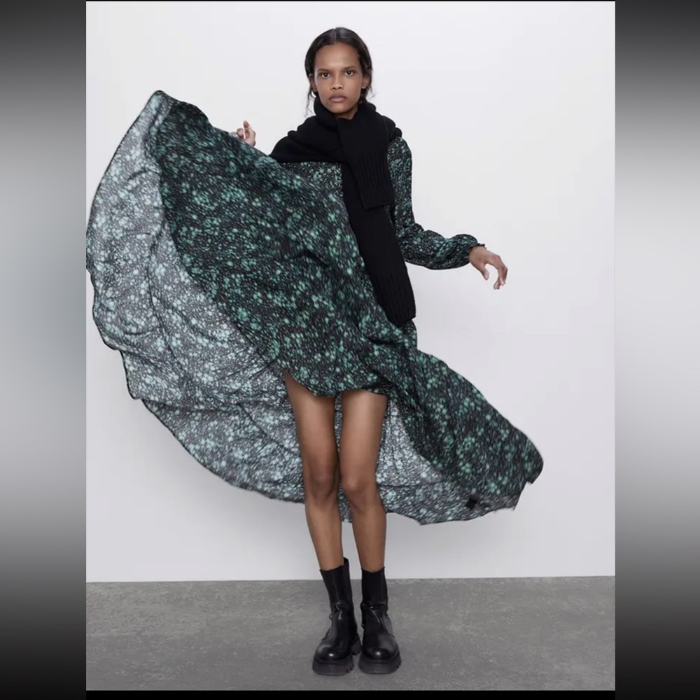 ZARA The Angel Green Floral Print Tiered Maxi Dress
